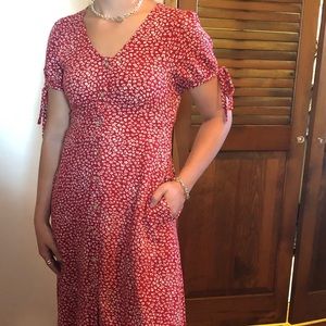 Red and white flower dress mid calf
